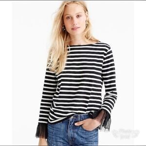 J Crew Tulle Ruffle Cuffed Black White Stripped Boat Neck 100% Cotton Size XS